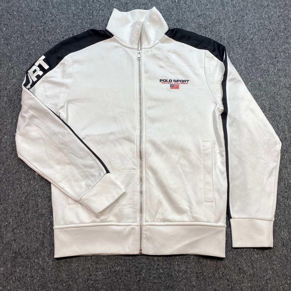Polo Sport Track Jacket Sz S Mens White Streetwear Spellout Sleeve Full Zip Coat